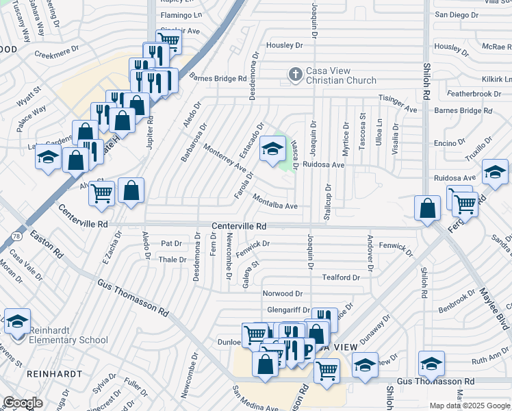 map of restaurants, bars, coffee shops, grocery stores, and more near 10730 Galena Street in Dallas