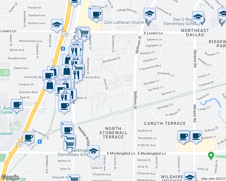 map of restaurants, bars, coffee shops, grocery stores, and more near 5908 Sandhurst Lane in Dallas