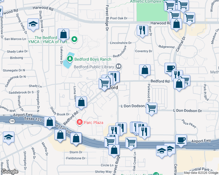 map of restaurants, bars, coffee shops, grocery stores, and more near in Bedford