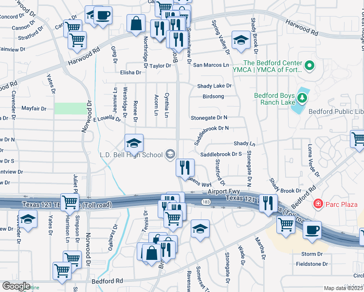 map of restaurants, bars, coffee shops, grocery stores, and more near 1638 Brown Trail in Hurst