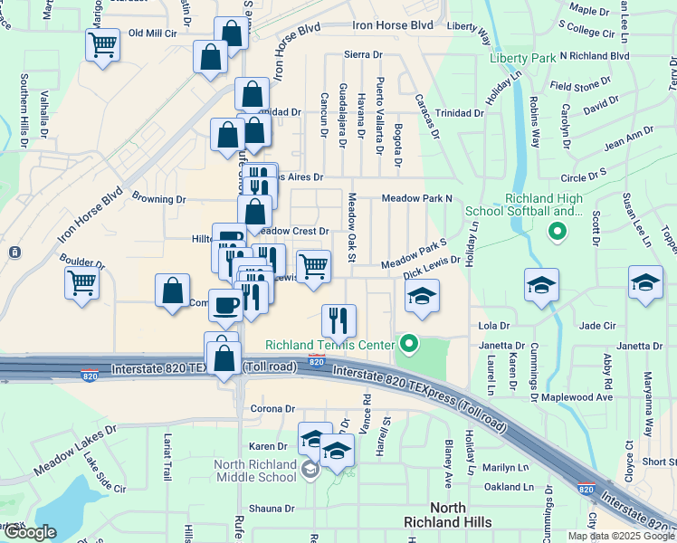 map of restaurants, bars, coffee shops, grocery stores, and more near 5501 Lewis Court in North Richland Hills