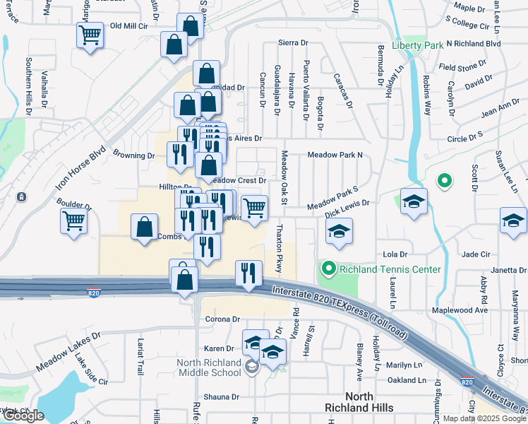 map of restaurants, bars, coffee shops, grocery stores, and more near 5501 Lewis Court in North Richland Hills