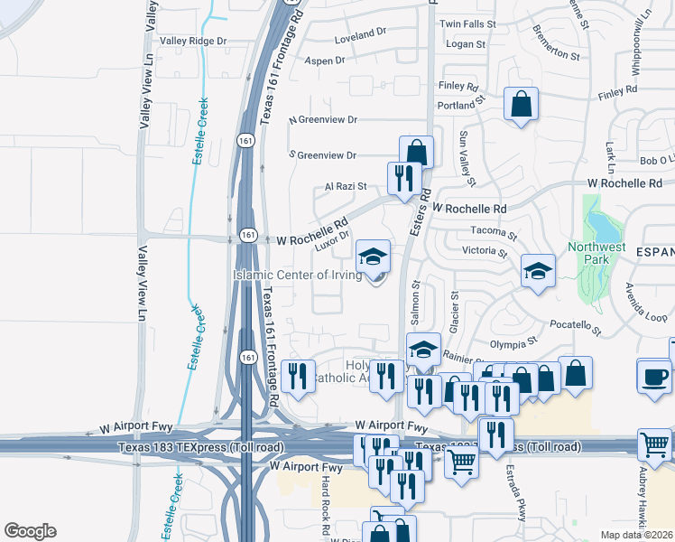map of restaurants, bars, coffee shops, grocery stores, and more near 4607 Galle Street in Irving