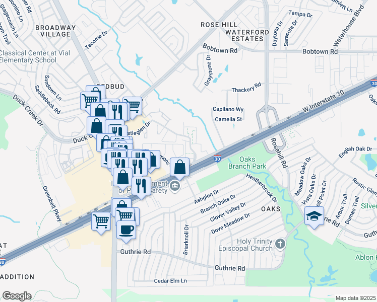 map of restaurants, bars, coffee shops, grocery stores, and more near 1020 Bristol Court in Garland