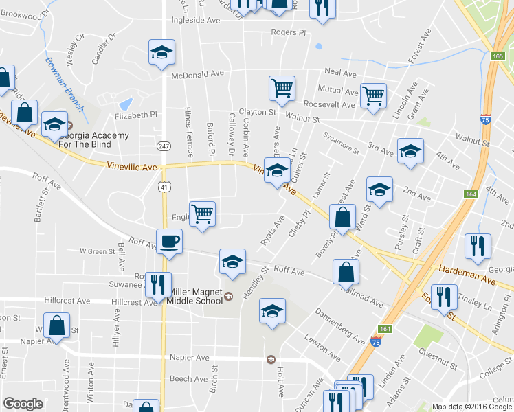 map of restaurants, bars, coffee shops, grocery stores, and more near 2345 English Avenue in Macon