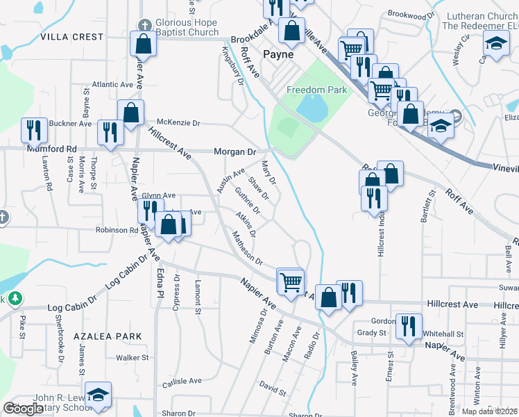 map of restaurants, bars, coffee shops, grocery stores, and more near 3323 Guthrie Drive in Macon