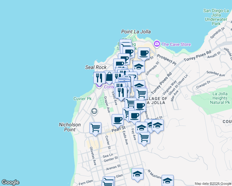 map of restaurants, bars, coffee shops, grocery stores, and more near 7757 Eads Avenue in San Diego