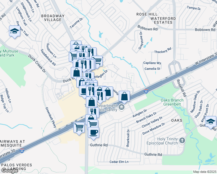 map of restaurants, bars, coffee shops, grocery stores, and more near 617 Broadway Commons in Garland