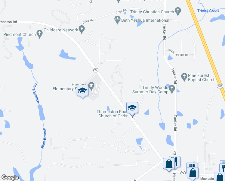 map of restaurants, bars, coffee shops, grocery stores, and more near 6000 Mercer University Drive in Macon