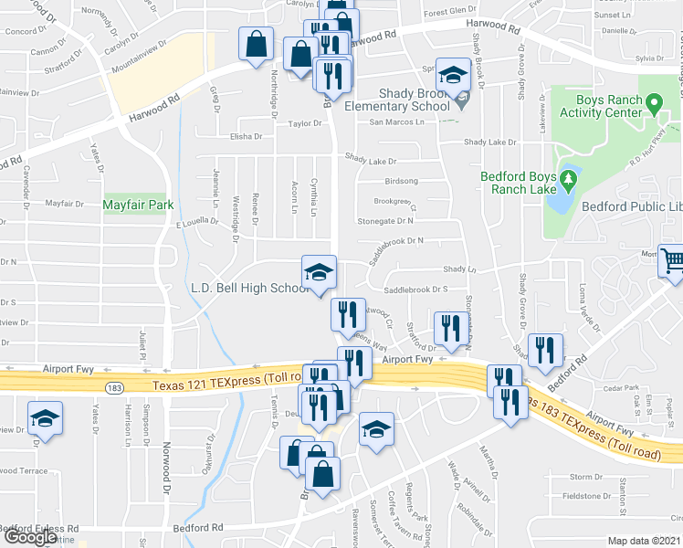 map of restaurants, bars, coffee shops, grocery stores, and more near 1638 Brown Trail in Hurst