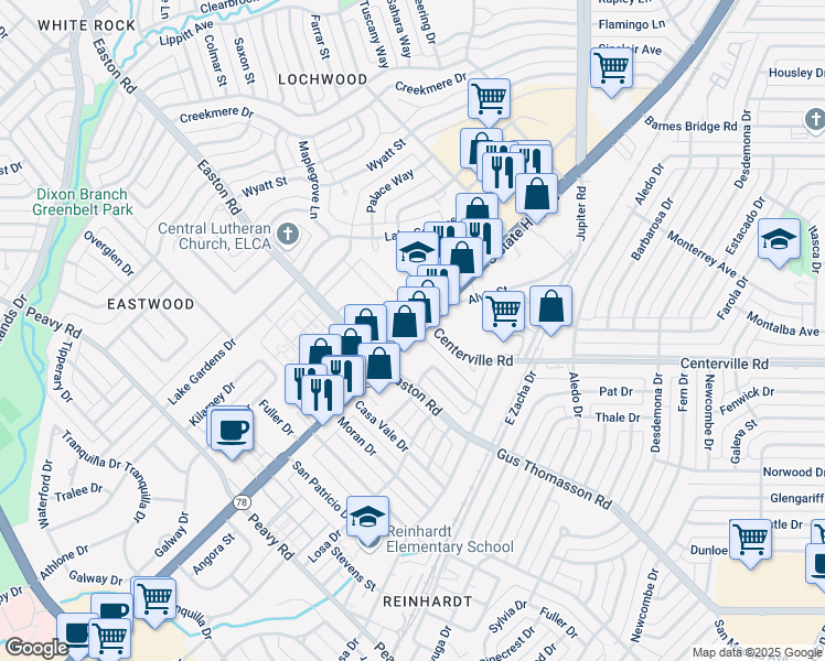map of restaurants, bars, coffee shops, grocery stores, and more near 10607 Garland Road in Dallas