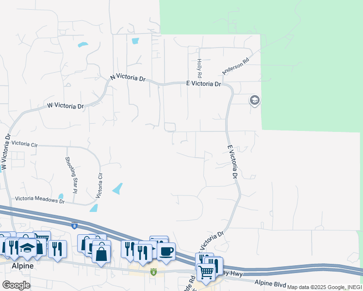 map of restaurants, bars, coffee shops, grocery stores, and more near 2869 Polk Road in Alpine