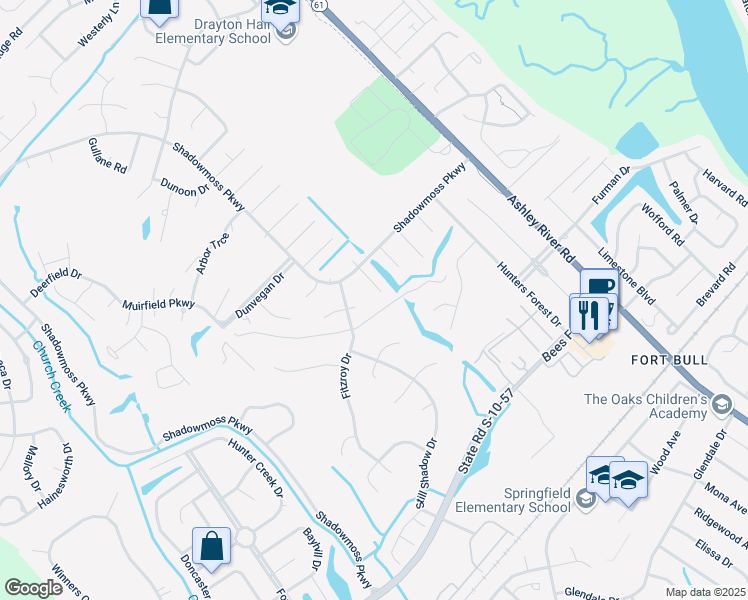 map of restaurants, bars, coffee shops, grocery stores, and more near 17 Glenkirk Drive in Charleston