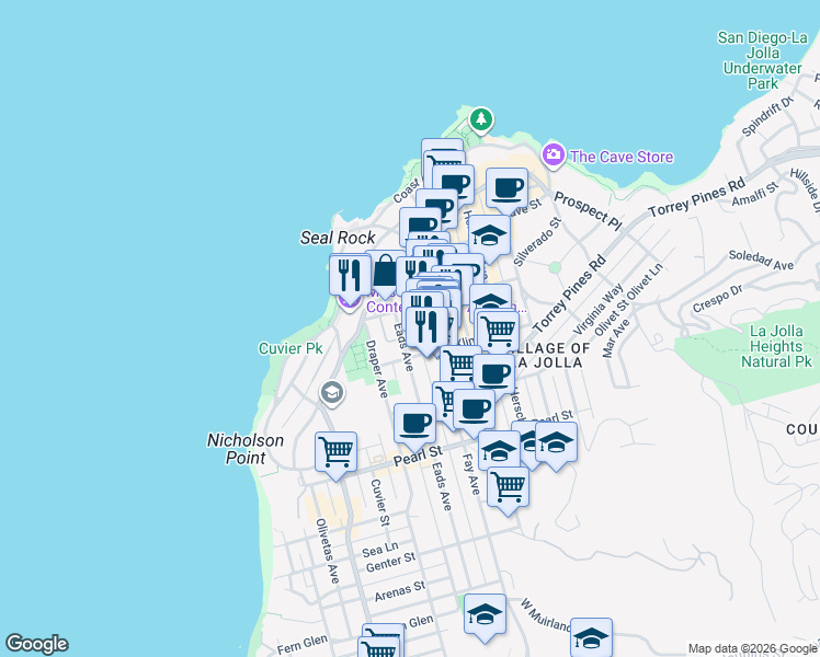 map of restaurants, bars, coffee shops, grocery stores, and more near 7757 Eads Avenue in San Diego