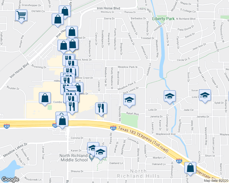 map of restaurants, bars, coffee shops, grocery stores, and more near 6916 Meadow Park South in North Richland Hills