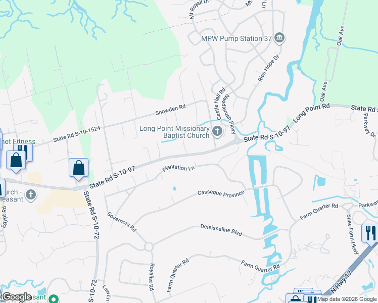 map of restaurants, bars, coffee shops, grocery stores, and more near 945 Long Point Road in Mount Pleasant