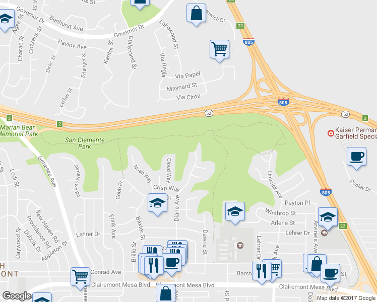map of restaurants, bars, coffee shops, grocery stores, and more near 5560 Diane Avenue in San Diego