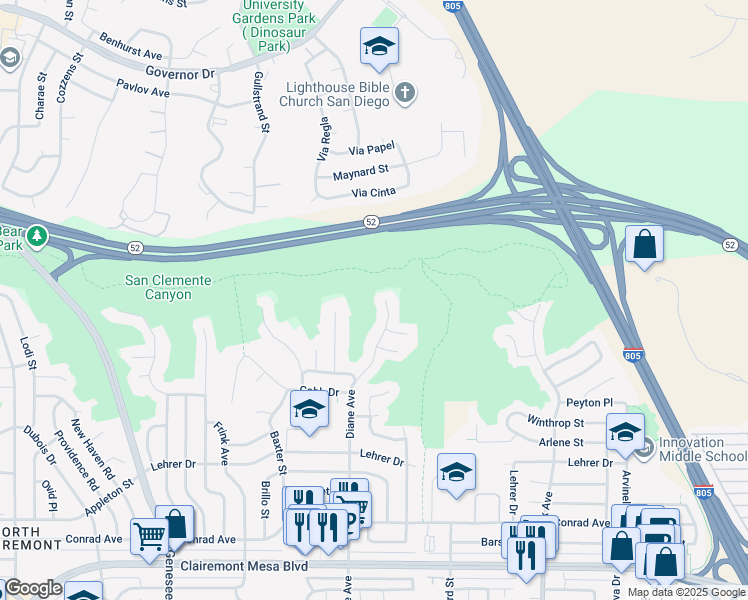 map of restaurants, bars, coffee shops, grocery stores, and more near 5560 Diane Avenue in San Diego