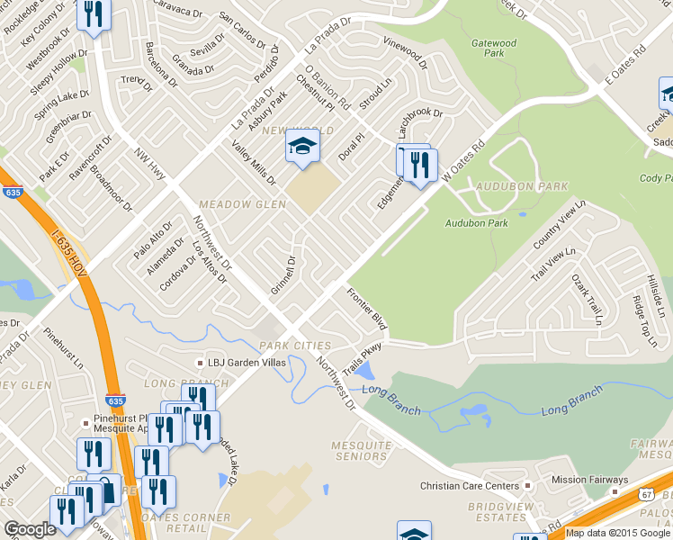 map of restaurants, bars, coffee shops, grocery stores, and more near 1215 Oates Ct in Mesquite