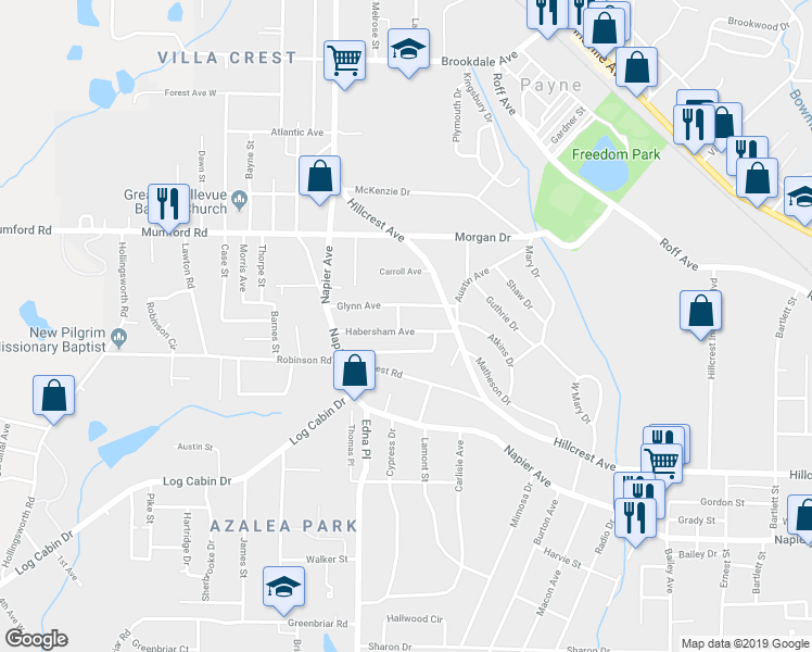 map of restaurants, bars, coffee shops, grocery stores, and more near 3435 Habersham Avenue in Macon