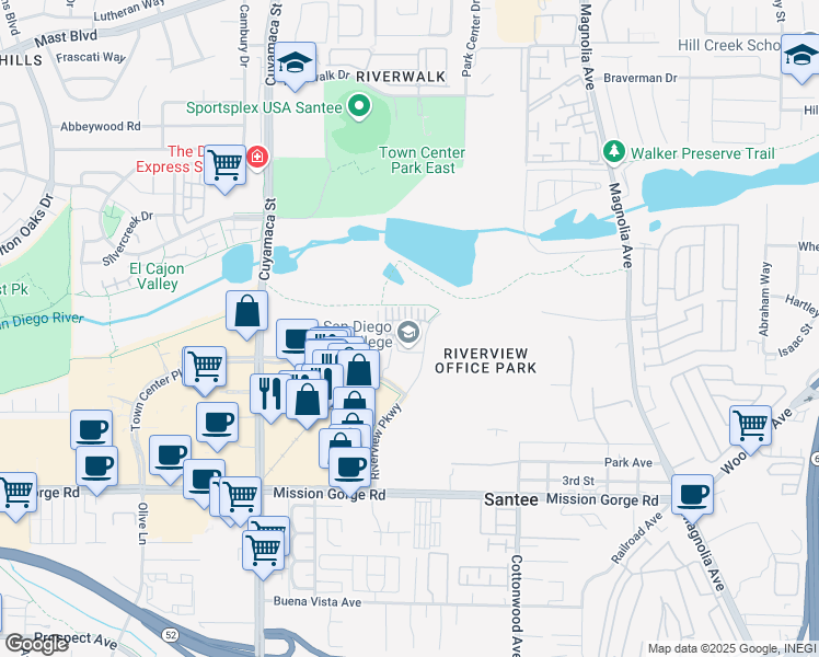 map of restaurants, bars, coffee shops, grocery stores, and more near in Santee