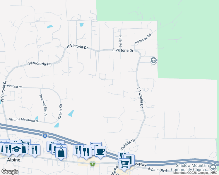 map of restaurants, bars, coffee shops, grocery stores, and more near 2869 Polk Road in Alpine