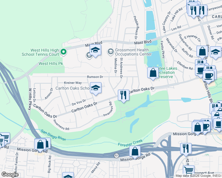 map of restaurants, bars, coffee shops, grocery stores, and more near 9326 Oakbourne Road in Santee