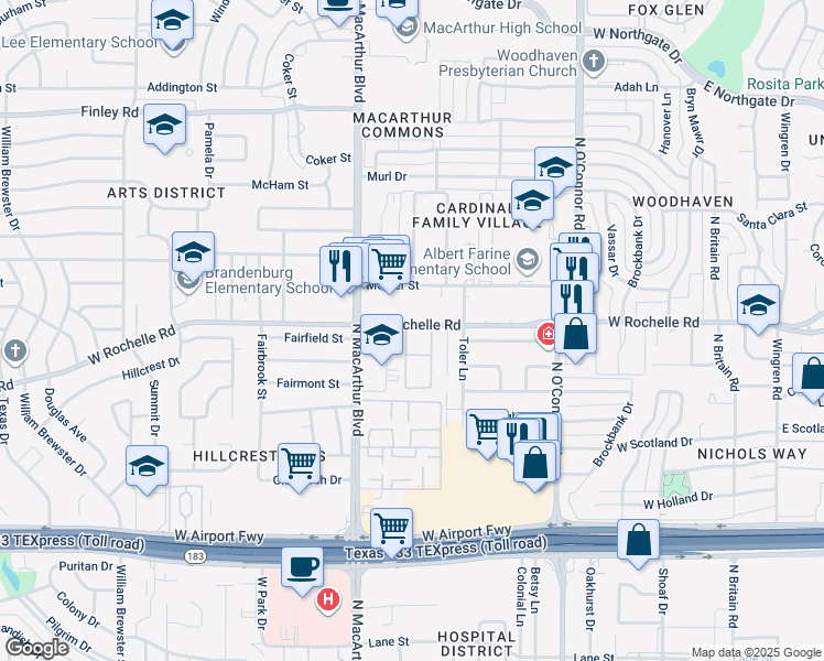map of restaurants, bars, coffee shops, grocery stores, and more near 930 West Rochelle Road in Irving