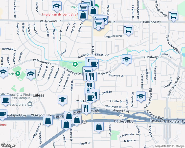 map of restaurants, bars, coffee shops, grocery stores, and more near N Main St & E Midway Dr in Euless
