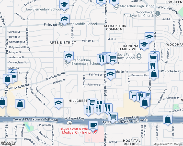 map of restaurants, bars, coffee shops, grocery stores, and more near 1209 Fairfield Street in Irving