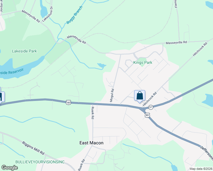 map of restaurants, bars, coffee shops, grocery stores, and more near 3376 Mogul Road in Macon