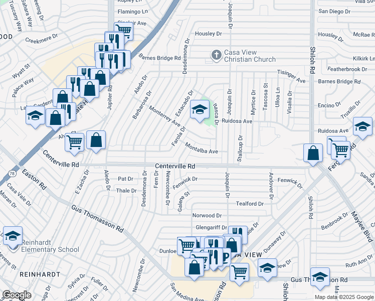 map of restaurants, bars, coffee shops, grocery stores, and more near 10730 Galena Street in Dallas