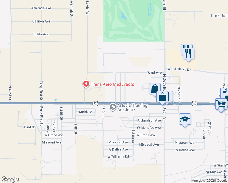 map of restaurants, bars, coffee shops, grocery stores, and more near 205 North Paris Street in Artesia