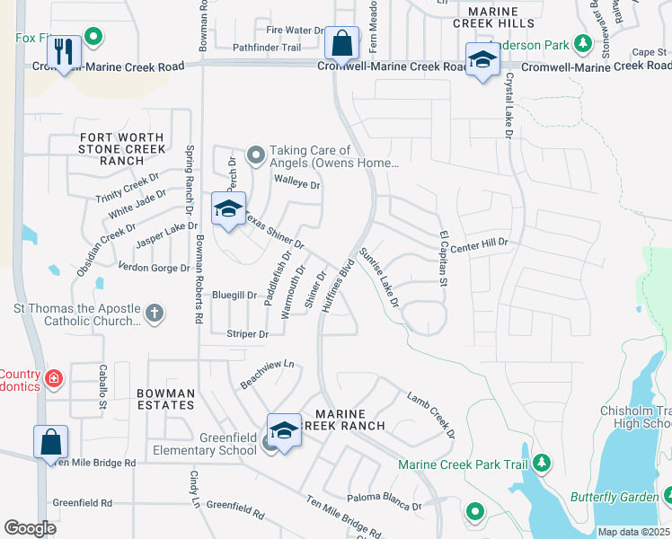 map of restaurants, bars, coffee shops, grocery stores, and more near 6000 Texas Shiner Drive in Fort Worth