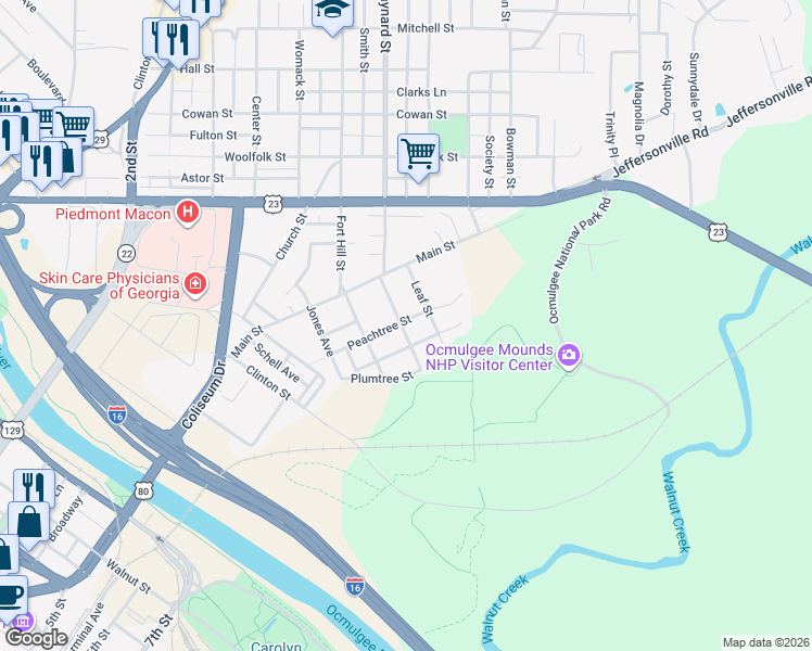 map of restaurants, bars, coffee shops, grocery stores, and more near 807 Peachtree Street in Macon