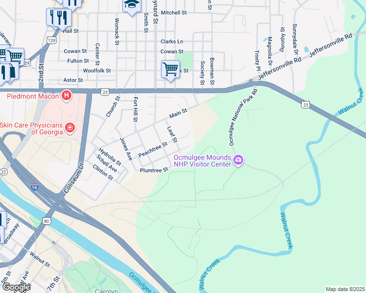 map of restaurants, bars, coffee shops, grocery stores, and more near 302 Leaf Court in Macon