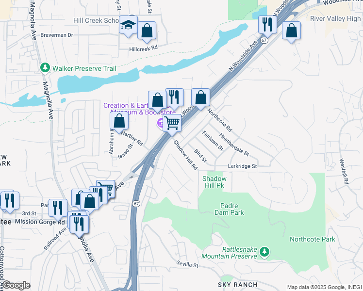 map of restaurants, bars, coffee shops, grocery stores, and more near 11002 Meadow Terrace Drive in Santee