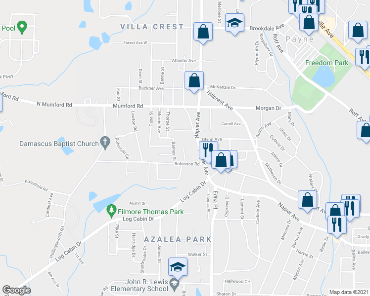 map of restaurants, bars, coffee shops, grocery stores, and more near 3491 Bond Street West in Macon