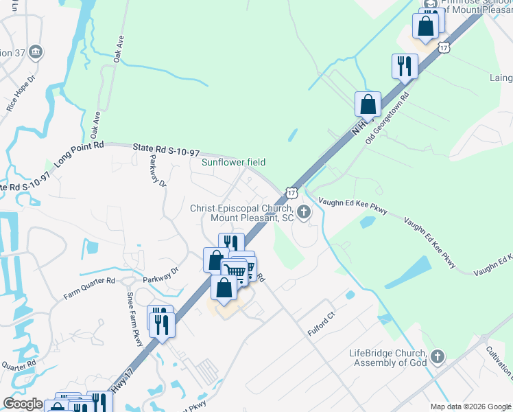 map of restaurants, bars, coffee shops, grocery stores, and more near 1128 Astor Drive in Mount Pleasant