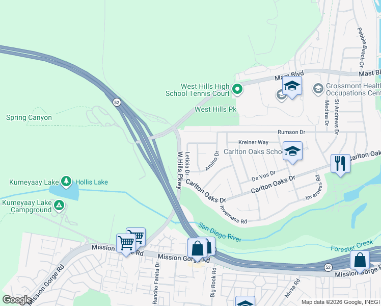 map of restaurants, bars, coffee shops, grocery stores, and more near 9347 Leticia Drive in Santee