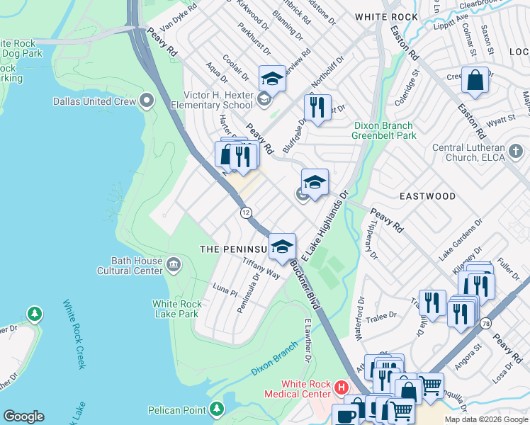 map of restaurants, bars, coffee shops, grocery stores, and more near 9518 Biscayne Boulevard in Dallas
