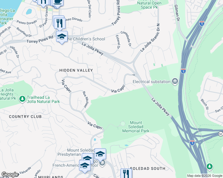 map of restaurants, bars, coffee shops, grocery stores, and more near 7830 Via Capri in San Diego
