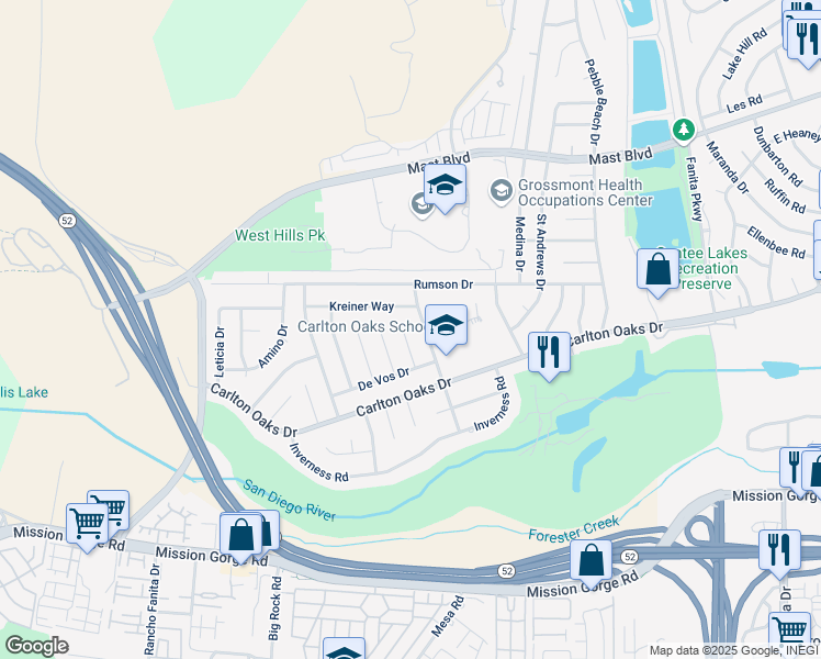 map of restaurants, bars, coffee shops, grocery stores, and more near 9331 Van Andel Way in Santee