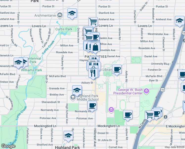 map of restaurants, bars, coffee shops, grocery stores, and more near 3402 McFarlin Boulevard in Dallas