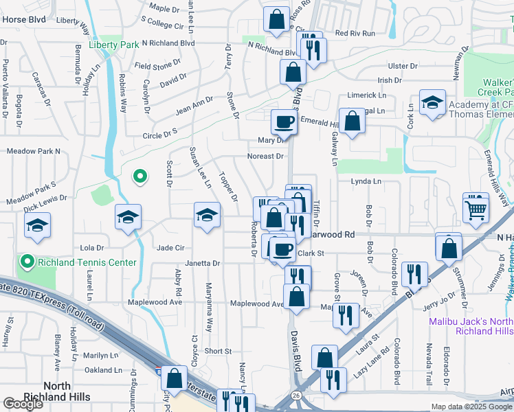 map of restaurants, bars, coffee shops, grocery stores, and more near 5308 Roberta Drive in Fort Worth