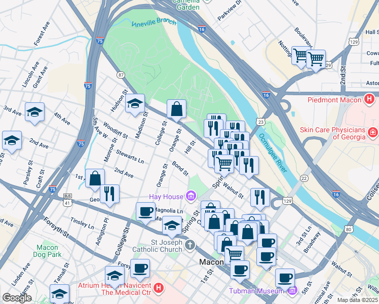 map of restaurants, bars, coffee shops, grocery stores, and more near 190 Hill Street in Macon