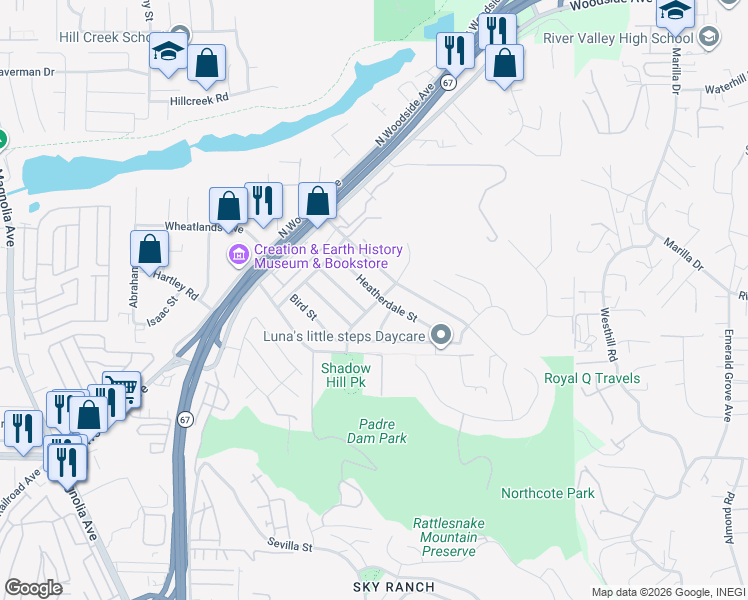 map of restaurants, bars, coffee shops, grocery stores, and more near 9158 Heatherdale Street in Santee