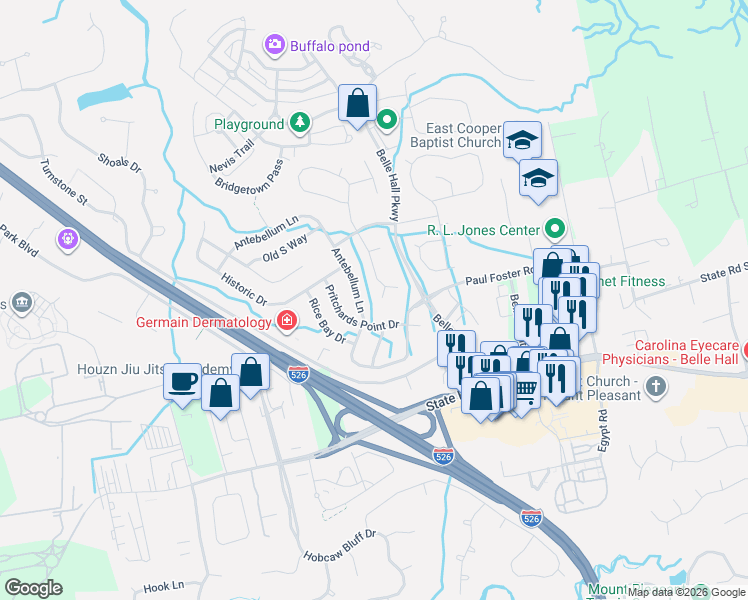 map of restaurants, bars, coffee shops, grocery stores, and more near 506 Antebellum Lane in Mount Pleasant