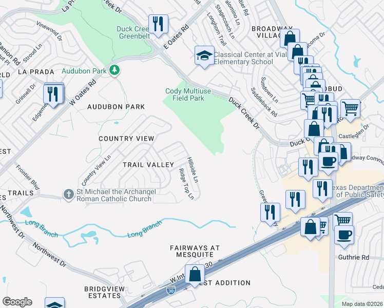 map of restaurants, bars, coffee shops, grocery stores, and more near 5926 Hillside Lane in Garland