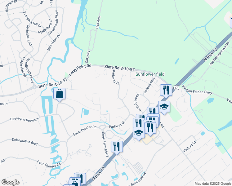 map of restaurants, bars, coffee shops, grocery stores, and more near 1199 Parkway Drive in Mount Pleasant